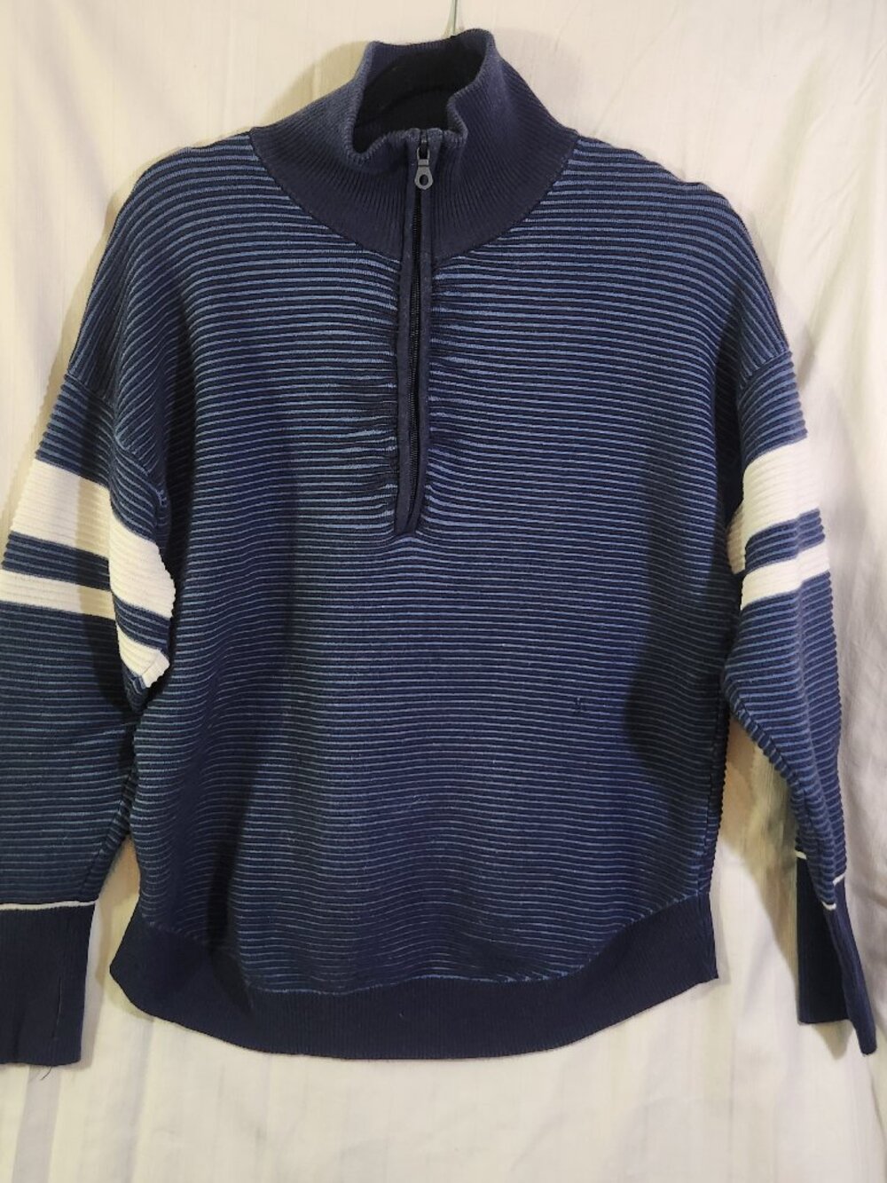 OFFLINE by Aerie Blue Ribbed Quarter Zip Sweater Stripe Sleeve High Low Medium